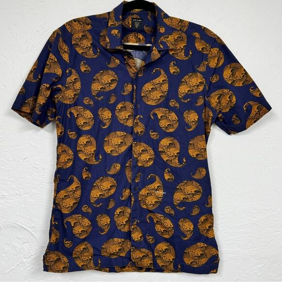 Rare Rabbit Blue Orange Paisley Wave Button Down Shirt Mens M Short Sleeve - Picture 1 of 12